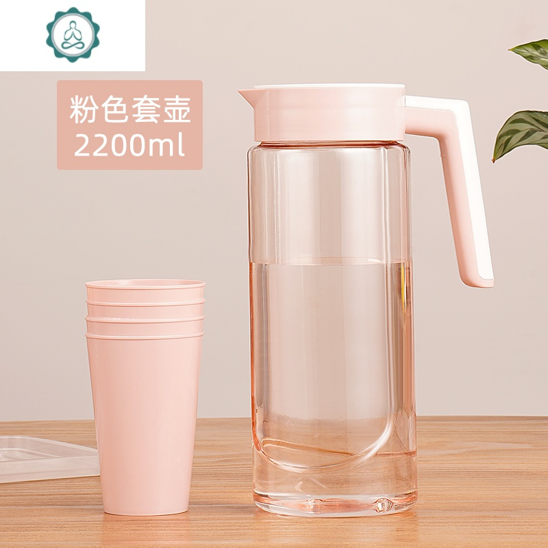 冷水壶超大容量塑料耐高温冰水瓶家用装凉白开水扎壶泡茶杯子海蝶 封后 冷水壶绿色套壶2200ml