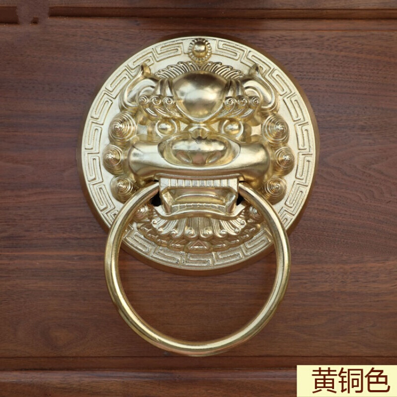 中式仿古纯铜大兽头环铜狮子头虎头头把手复古木拉手 24cm(黄铜色)花型扁环一只_560