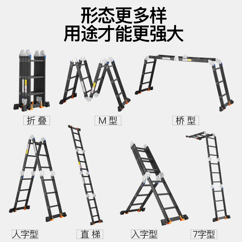 多功能折叠梯子加厚铝合金家用人字梯室内小楼梯伸缩升降工程闪电客除尘纸 加厚银色1.6mm直梯3.7米=人字1.8米