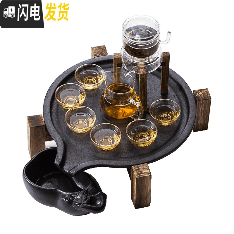 三维工匠 日式自动茶具 耐热玻璃半全自动功夫茶具套装 创意懒人泡茶 套餐五【大套装如图】桌子上的全部