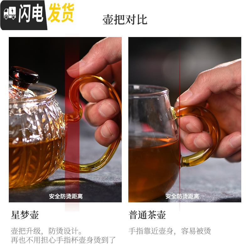 三维工匠泡茶壶玻璃小茶壶茶水分离耐高温锤纹小花茶壶茶具套装 星梦壶