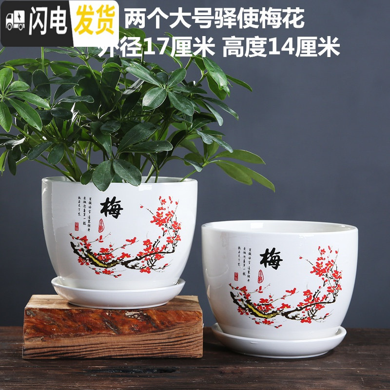 三维工匠花盆陶瓷特价清仓大号特大号带托盘绿萝吊兰塑料家用创意多肉花盆 两个大号驿使红梅 大