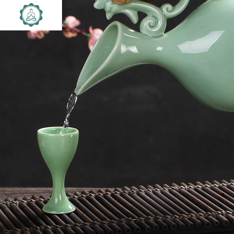 日式古风陶瓷酒具分酒器白酒烈酒盅小酒杯创意酒壶家用套装礼品 封后 貔貅耳酒具山水人家