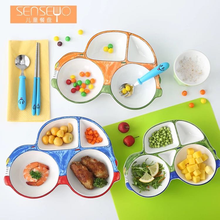 senseyo 儿童餐盘创意陶瓷早餐盘可爱卡通小汽车餐盘分格盘子宝宝饭盘