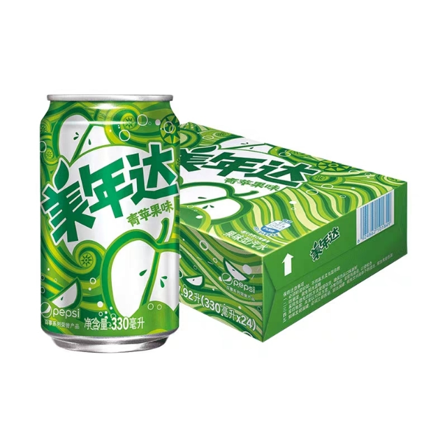 百事可乐 美年达(mirinda) 碳酸饮料 青苹果味汽水 330ml*24罐瓶 箱装