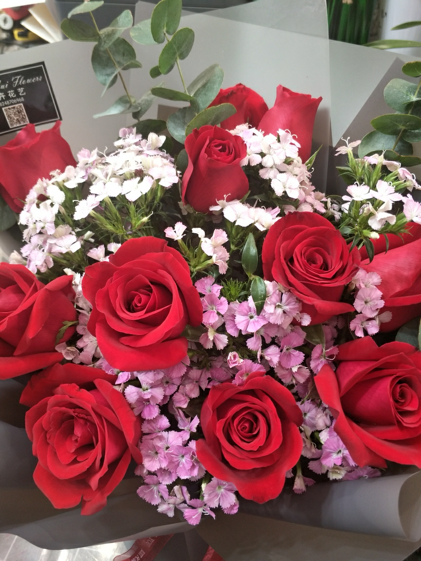 五二零 鲜花速递全国 11朵红玫瑰尤加利花束女友老婆生日祝福礼物