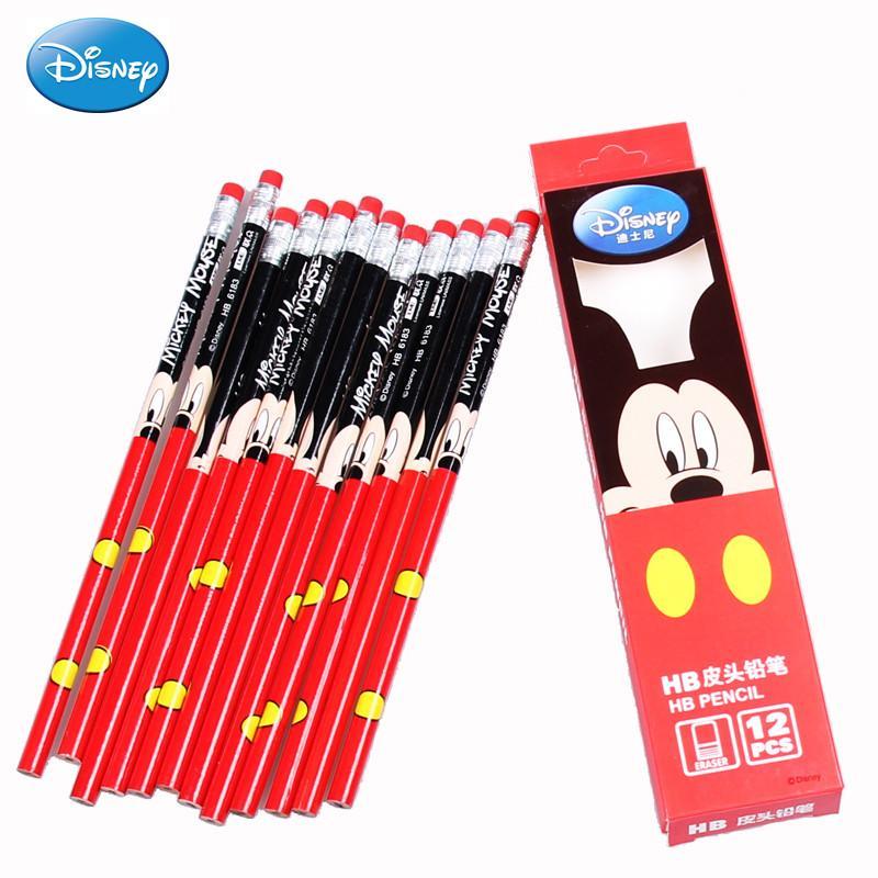 迪士尼disney米奇小学生男女童铅笔12支装皮头铅笔DJ1476带橡皮盒装米奇红