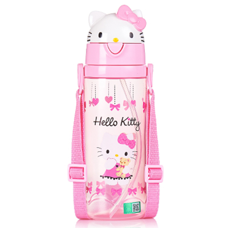 Hello Kitty 儿童3D弹盖背带学饮吸管水杯男女童幼儿宝宝水壶550ml 不含双酚A 粉红