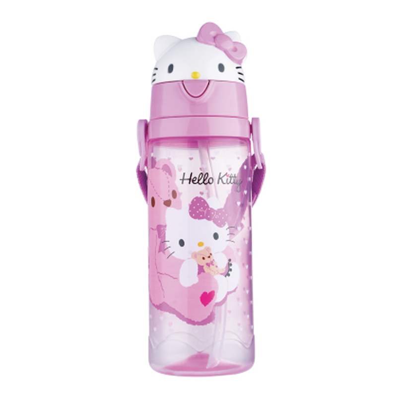 Hello Kitty 儿童3D弹盖背带学饮吸管水杯男女童幼儿宝宝水壶550ml 不含双酚A 粉红