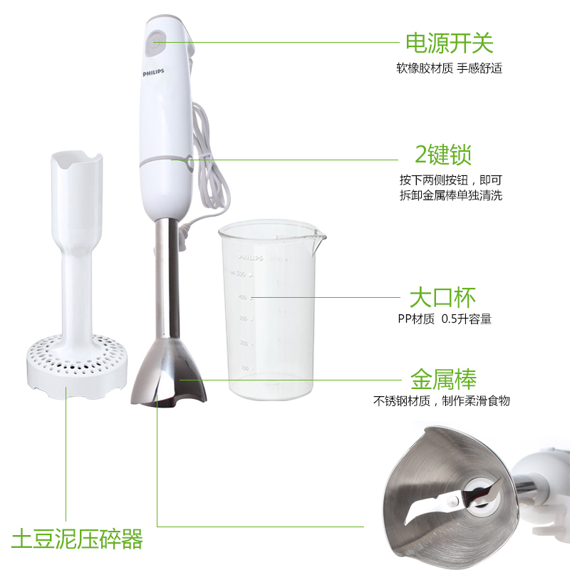 Philips/飞利浦 HR1608 电动搅拌机家用多功能粉碎机搅拌棒高清大图