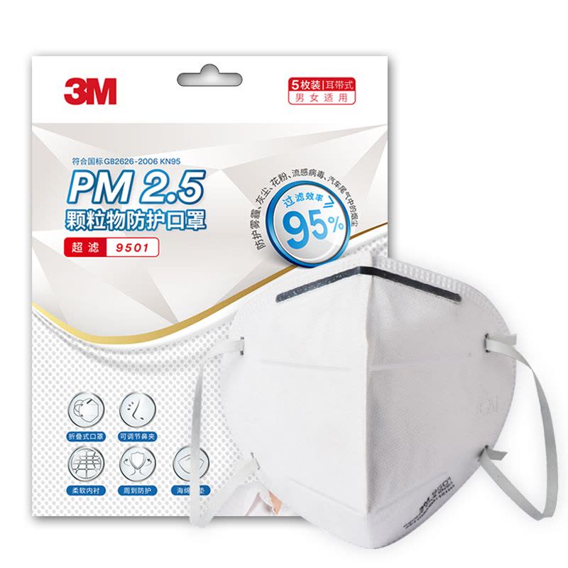 3M 防护口罩9501 防雾霾PM2.5 防尘口罩 KN95耳带式 2包装 5只/包 共10只图片