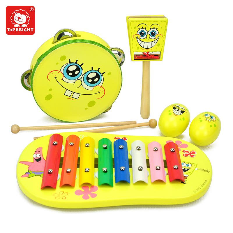 特宝儿(Topbright) 海绵宝宝乐器五件套 1-3岁儿童音乐乐器玩具木制手鼓敲琴沙球响板益智玩具SB0004图片