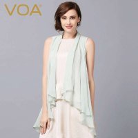 VOA  真丝开衫 水绿无袖荷叶边空调衫薄外套女 B5867