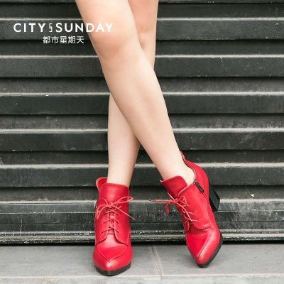 都市星期天2015秋冬尖头高跟短靴女粗跟马丁靴英伦女靴子短筒靴潮红色
