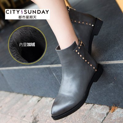 都市星期天女鞋秋冬短靴平底马丁靴女短靴2015新款粗跟尖头加绒靴灰色