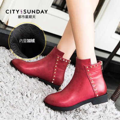 都市星期天女鞋秋冬短靴平底马丁靴女短靴2015新款粗跟尖头加绒靴红色