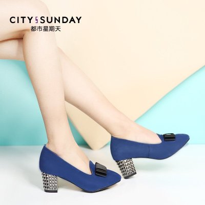 City sunday/都市星期天2015春秋新款女鞋绒面单鞋高跟欧美时尚潮 蓝色