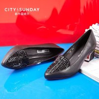 都市星期天女鞋夏季专柜同款水钻办公室女鞋尖头中跟舒适真皮单鞋 黑色