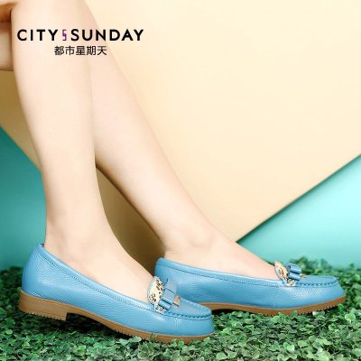 City sunday/都市星期天新款平跟真皮英伦平底舒适圆头时尚女单鞋 蓝色