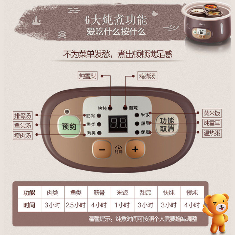 小熊(Bear)电炖锅DDZ-A25Z1 2.5L大容量 八大功能 一锅四胆电炖盅 紫砂隔水炖 微电脑定时预约