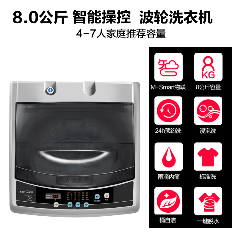 美的(Midea) MB80-eco11W 8公斤波轮洗衣机 智能操控 8大程序 安心童锁 家用 灰色高清大图