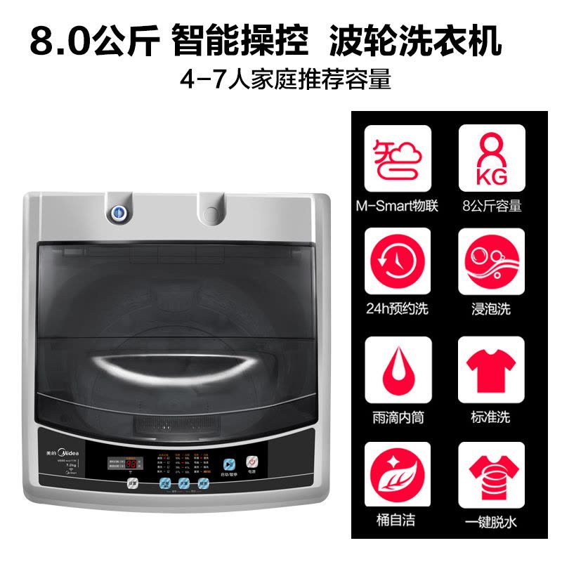 美的(Midea) MB80-eco11W 8公斤波轮洗衣机 智能操控 8大程序 安心童锁 家用 灰色图片