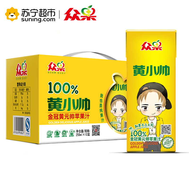 众果100%纯果汁 黄小帅苹果汁 礼品装 250MLX12盒 箱装 果汁饮料