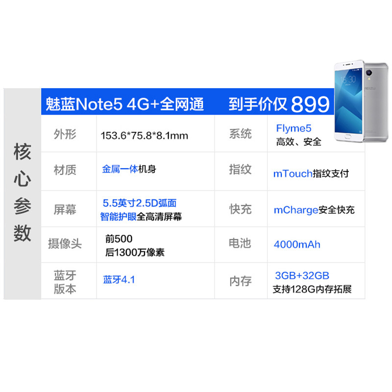 Meizu/魅族 魅蓝Note5 3GB+32GB 月光银 移动联通电信4G手机 4G+全网通高清大图