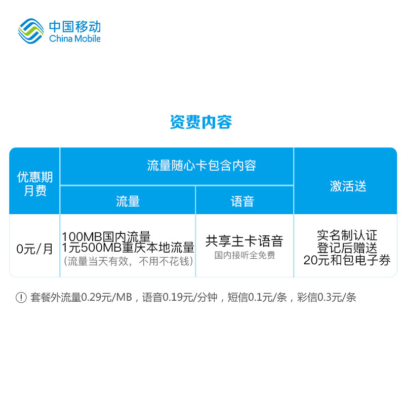 重庆移动 0月租 随心卡 流量卡 上网卡 手机卡 号码卡 1元500M高清大图