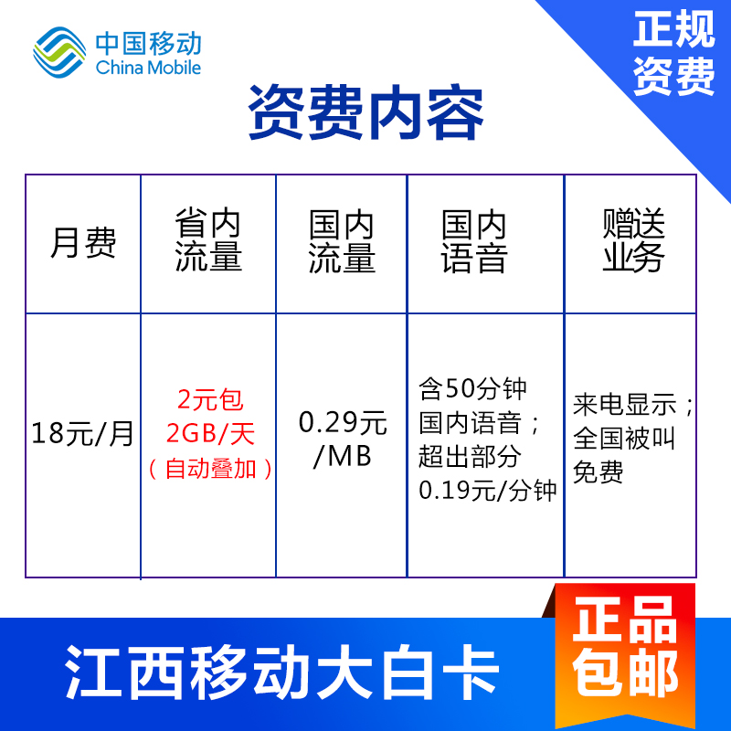 江西移动大白卡日租卡4G手机卡号码卡每天2元1GB高清大图