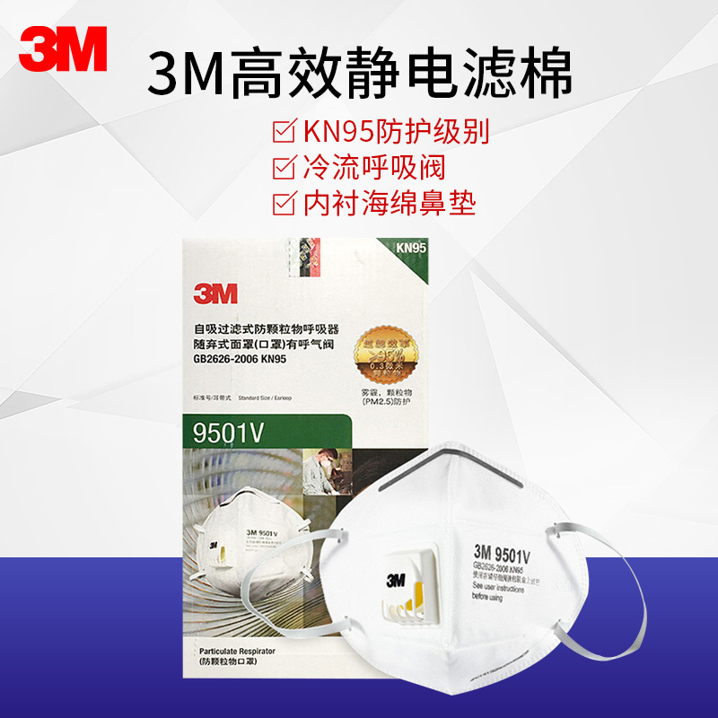 3M 防护口罩 耳戴式9501V KN95 带鼻垫 防粉尘雾霾 PM2.5 呼吸阀男女款无纺布 配件 单盒24只高清大图