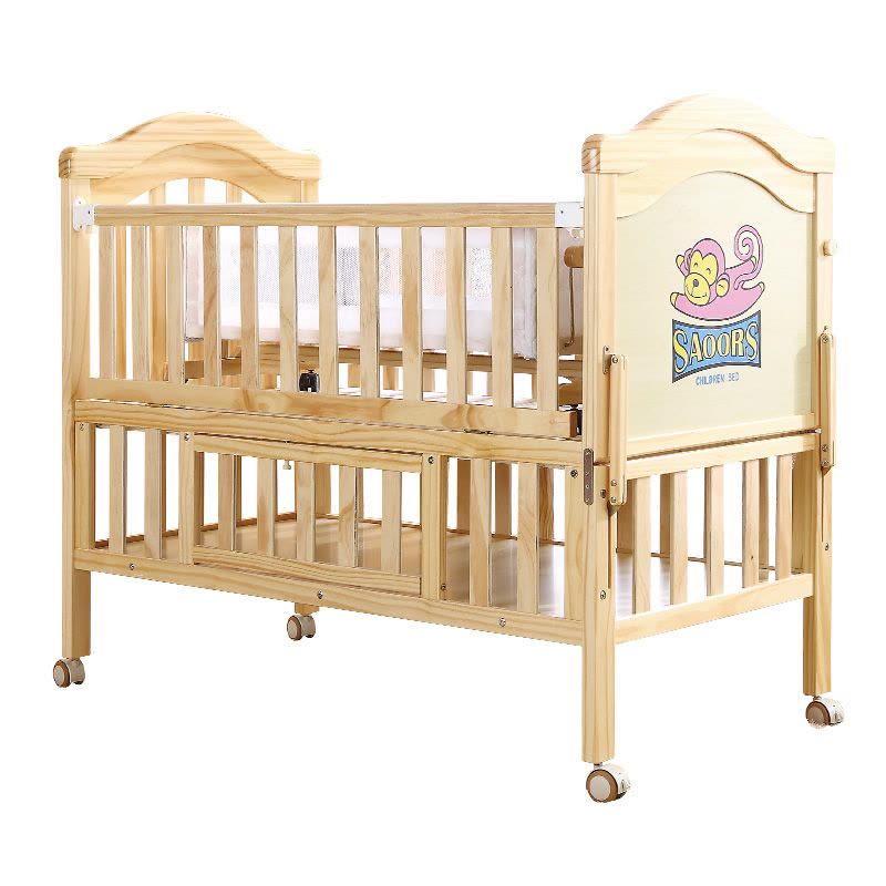小硕士原木清漆全实木婴儿床好孩子必选 婴儿床 床板上下两档调节 带储物功能独立摇床 可加长 SK3548图片