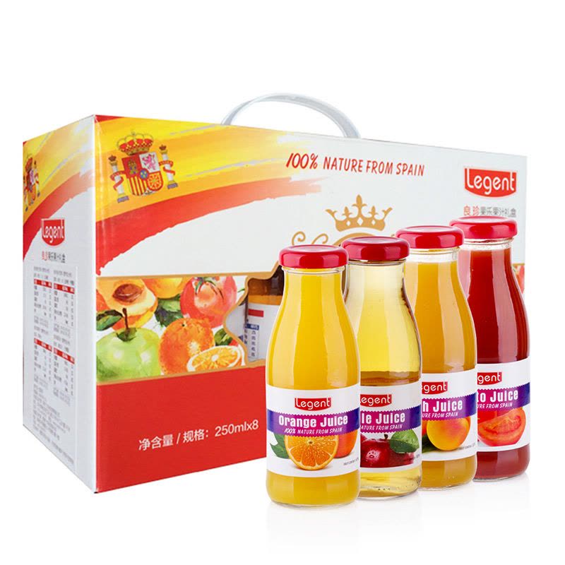 良珍(Legent) 西班牙进口 橙苹果番茄桃汁4种口味混合装 250ml*8瓶/礼盒装 送礼佳品图片