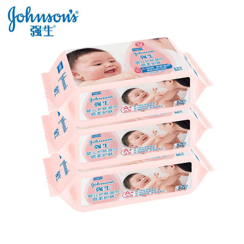 强生(Johnson) 婴儿护肤湿巾(倍柔护肤)80片×3包(有香 温柔呵护)高清大图