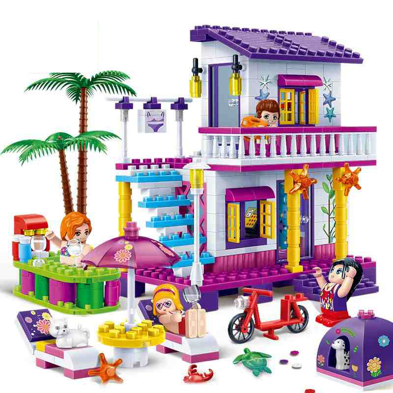 [小颗粒]邦宝益智拼插媚力沙滩女孩积木玩具礼物海滨度假屋6138