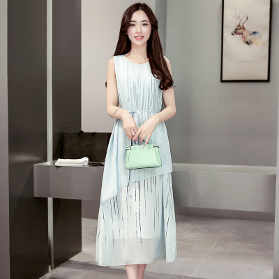 丝柏舍2018夏装新款韩版中长款圆领无袖宽松收腰连衣裙女S72R0299