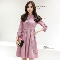 丝柏舍2017春装新款韩版中长款七分袖纯色修身显瘦连衣裙S71R0212
