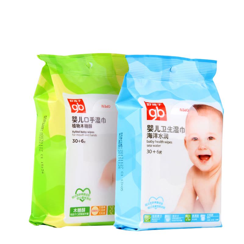 Goodbaby 好孩子 婴儿卫生湿巾 海洋水润 36片*5包+婴儿口手湿巾 植物木糖醇 36片*5包图片