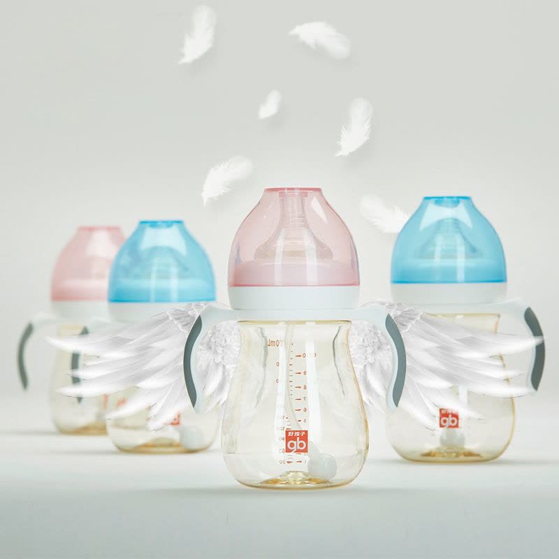 好孩子(gb)母乳实感宽口径握把吸管PPSU奶瓶300ml-粉蓝(小饿魔系列) B80377图片