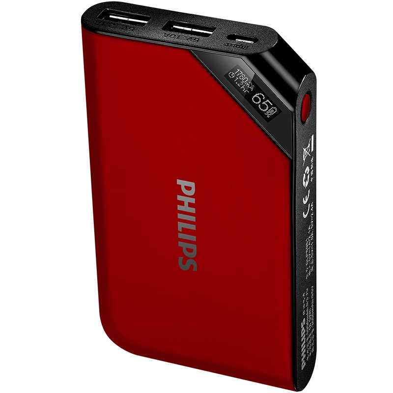 飞利浦5000毫安移动电源 手机平板通用锂聚合物充电宝 智能屏显 红色