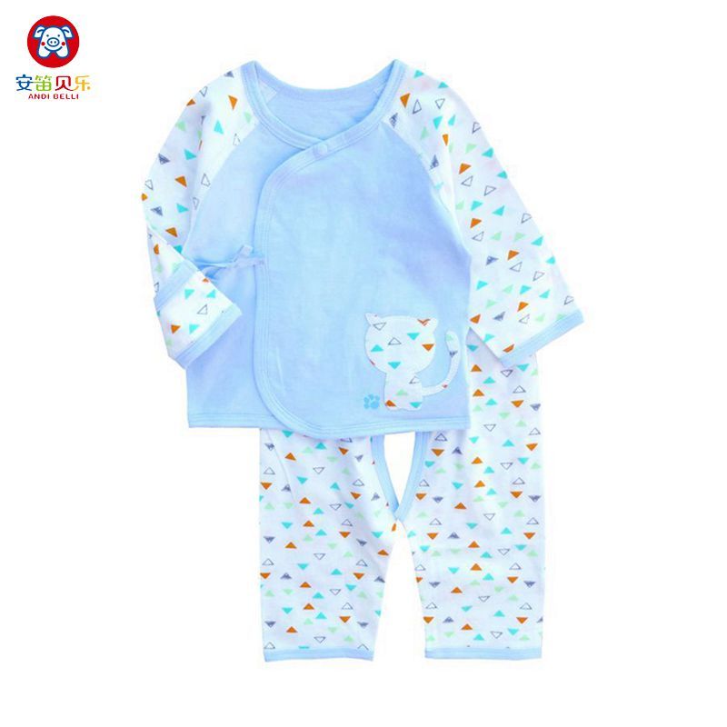 安笛贝乐品牌婴幼儿通用新生儿衣服0-3-6个月蓝色纯棉初生婴儿内衣套装婴幼儿系绳和服52-59cm