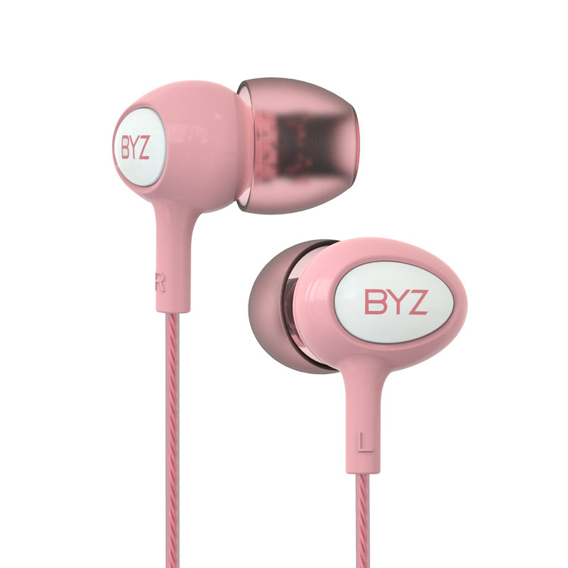 BYZ SE383重低音电脑苹果手机通用有线控入耳式运动耳塞式带麦耳机 粉色