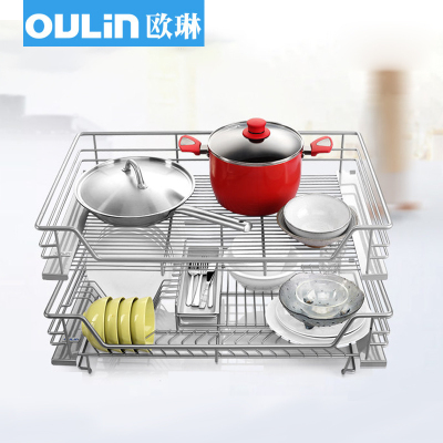 欧琳Oulin厨房橱柜拉篮 双层抽屉式碗碟架碗篮 调味拉篮阻尼厨柜拉篮