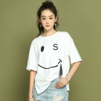 no1dara 2017（夏新品)笑脸印花格纹挂件宽松短袖T恤TX72204074