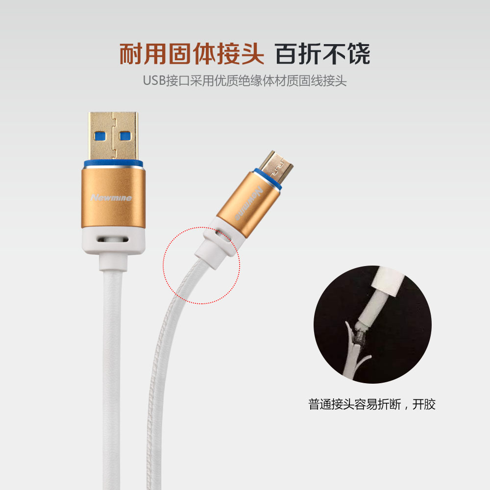 纽曼Newmine XA05白色MICRO USB连接线 皮革+高品质纯铜线芯 USB2.0 安卓手机通用 1.0米高清大图