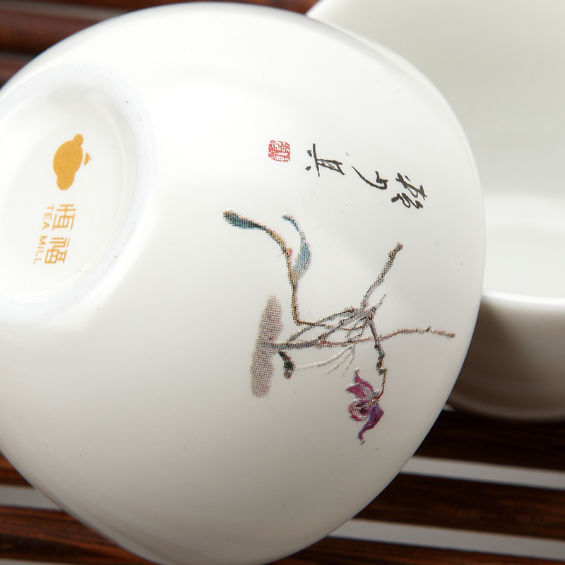 恒福 TEA MiLL 整套功夫 陶瓷 白瓷手绘石斛花 茶具套装赖少其名家作品 一盖碗一海六杯 其他高清大图