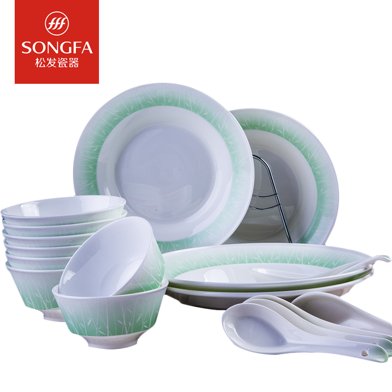 松发陶瓷18件套装雅风系列竹幽秘境(绿)餐具套装筷子勺子碗盘组合装