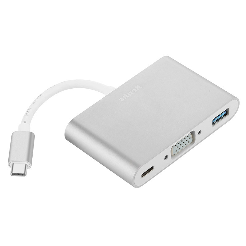 Benks Type-C转VGA转换器 苹果笔记本MacBook视频 VGA+USB3.0+TYPE-C转接头 银色,