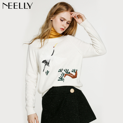 Neelly纳俪2017冬装新款印花刺绣甜美短款套头宽松显瘦长袖针织衫