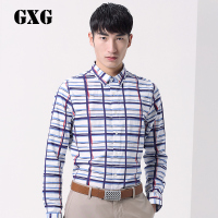 GXG长袖衬衫男装男士时尚休闲白底蓝条格纹都市休闲修身长袖衬衣